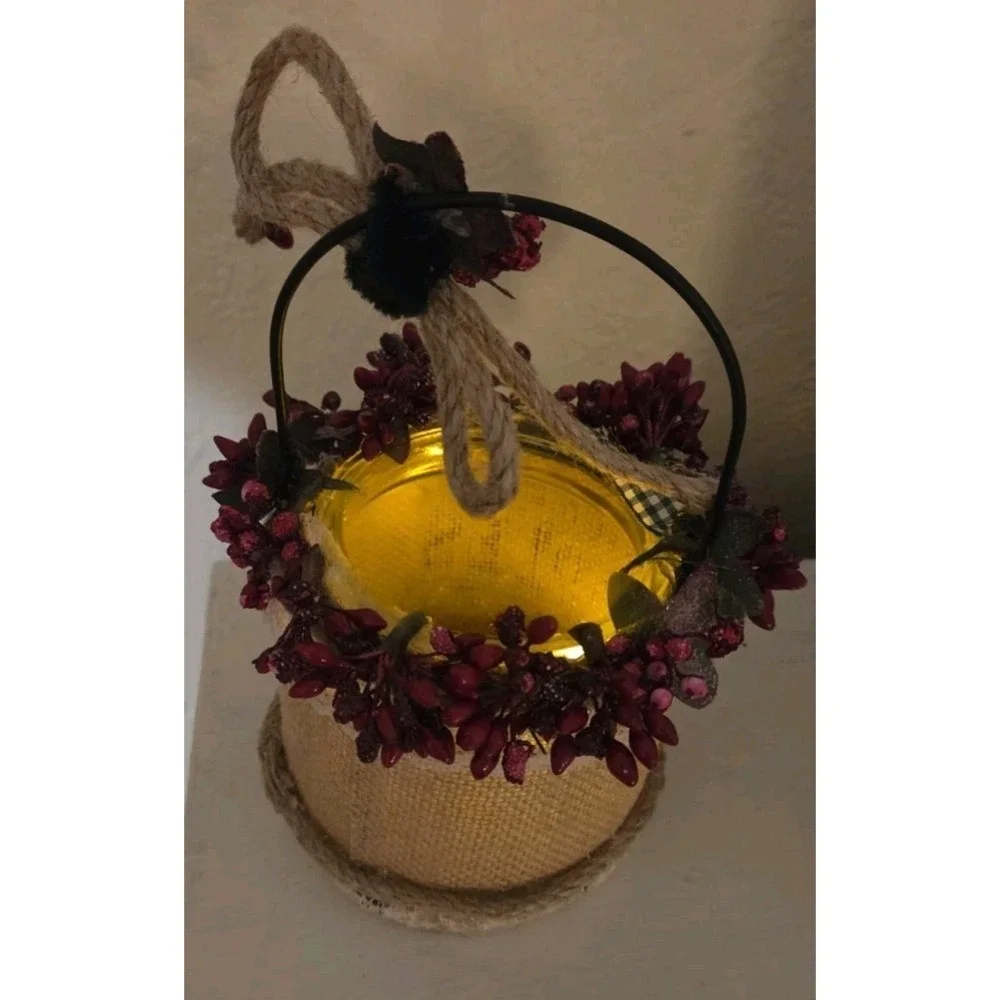 Vintage Glass Candle Holder Lantern‎ Jar Metal Handle Farmhouse Rustic Decor